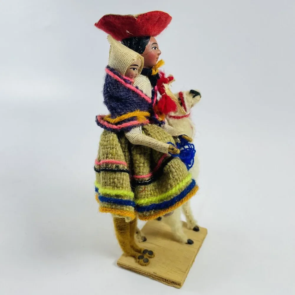 VTG Handmade Peruvian Woman Folk Art Doll w/Baby & Llama 6.5 in Souvenir